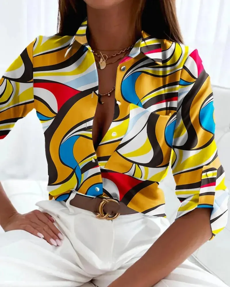 Women's Office Top Long Sleeve Shirt Printed Fashion Casual Flower Polo Shirt Women