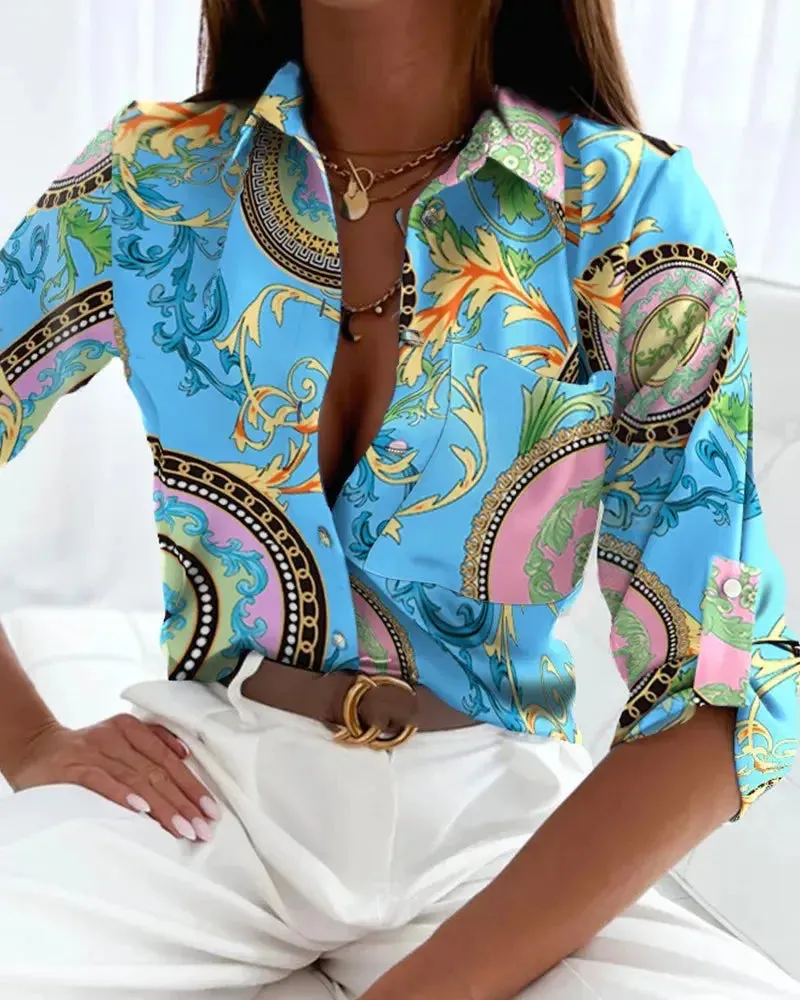 Women's Office Top Long Sleeve Shirt Printed Fashion Casual Flower Polo Shirt Women
