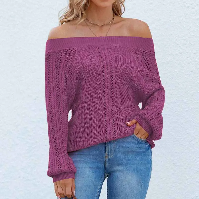 Women's Sexy Off Shoulder Long Sleeve Winter Sweaters Casual Pullover Solid Loose Knit Jumper Fall Tunic Tops K441