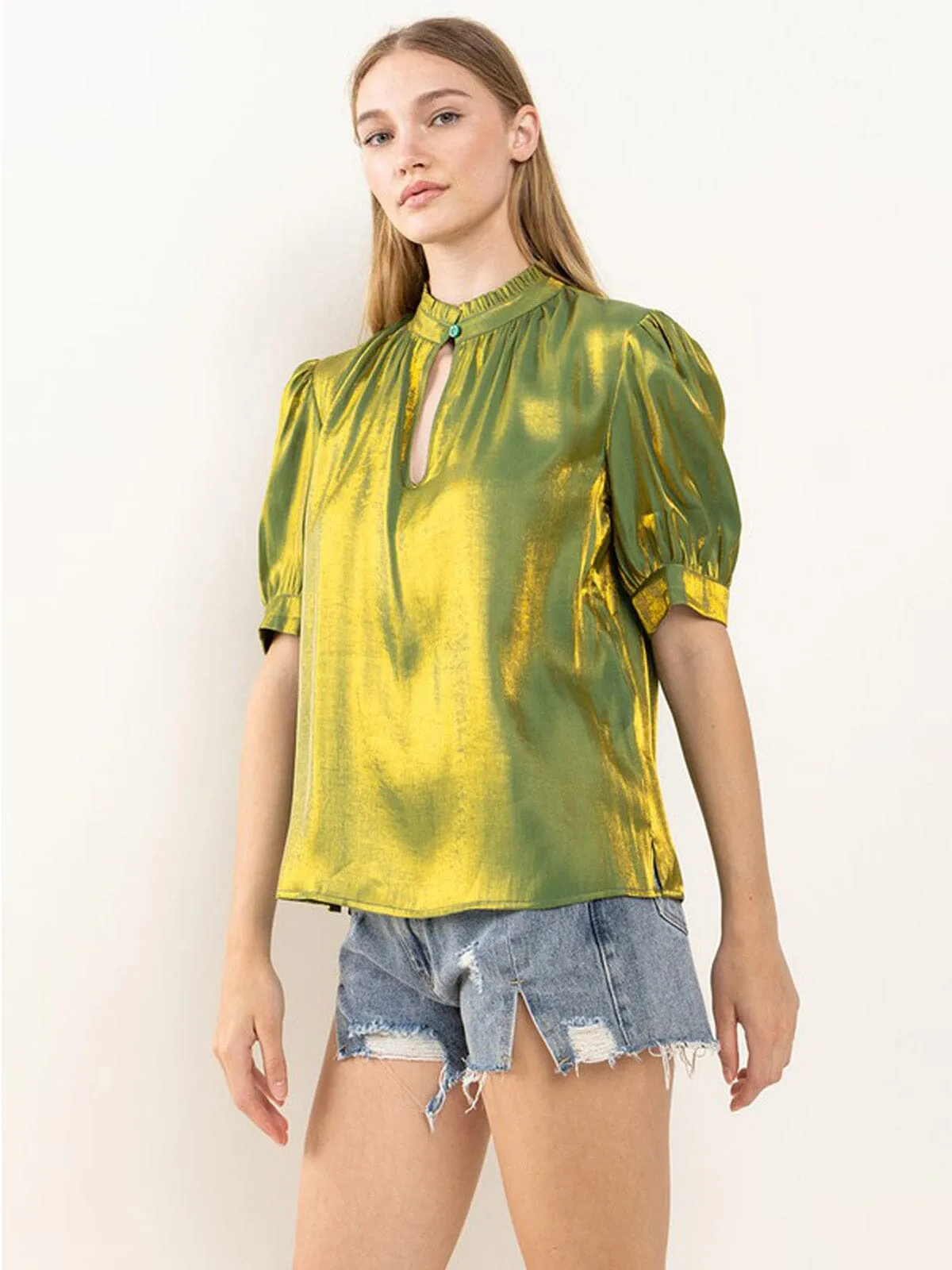 WOMEN'S SHORT PUFF SLEEVE MOCK NECK KEY HOLE BLOUSE SHIMMER BLOUSE TOP