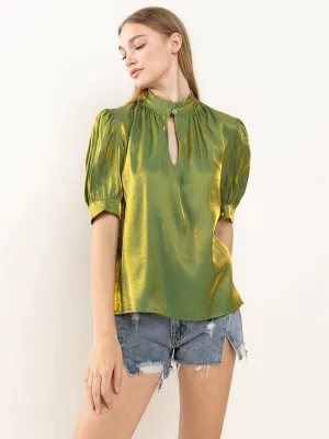 WOMEN'S SHORT PUFF SLEEVE MOCK NECK KEY HOLE BLOUSE SHIMMER BLOUSE TOP