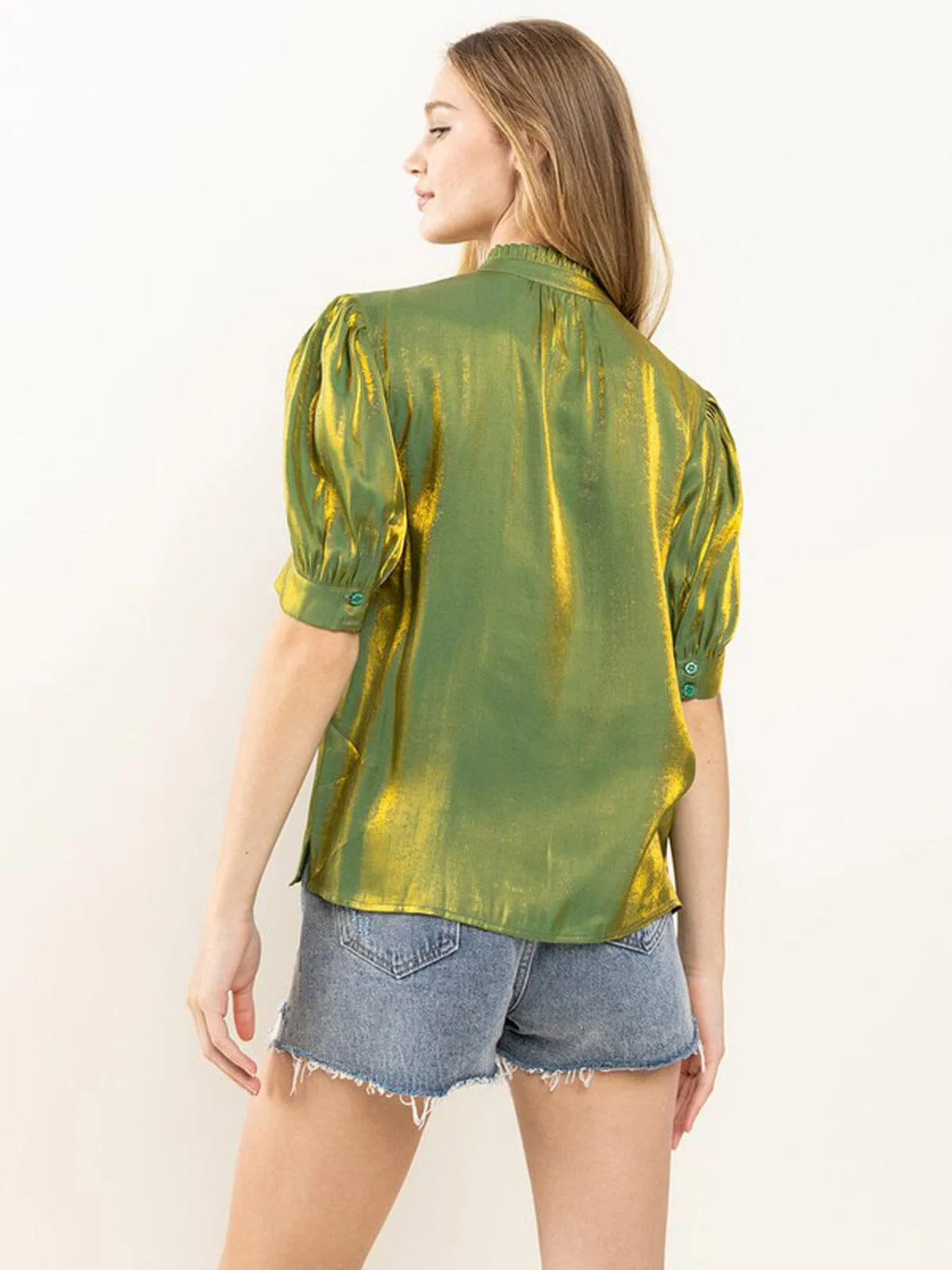 WOMEN'S SHORT PUFF SLEEVE MOCK NECK KEY HOLE BLOUSE SHIMMER BLOUSE TOP