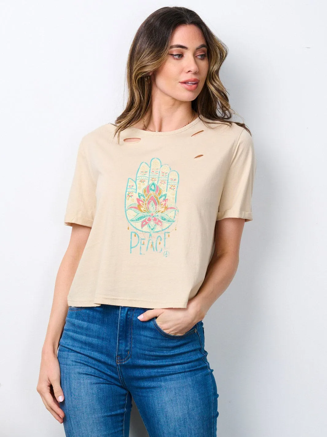 WOMEN'S SHORT SLEEVE GRAPHIC DISTRESSED TOP