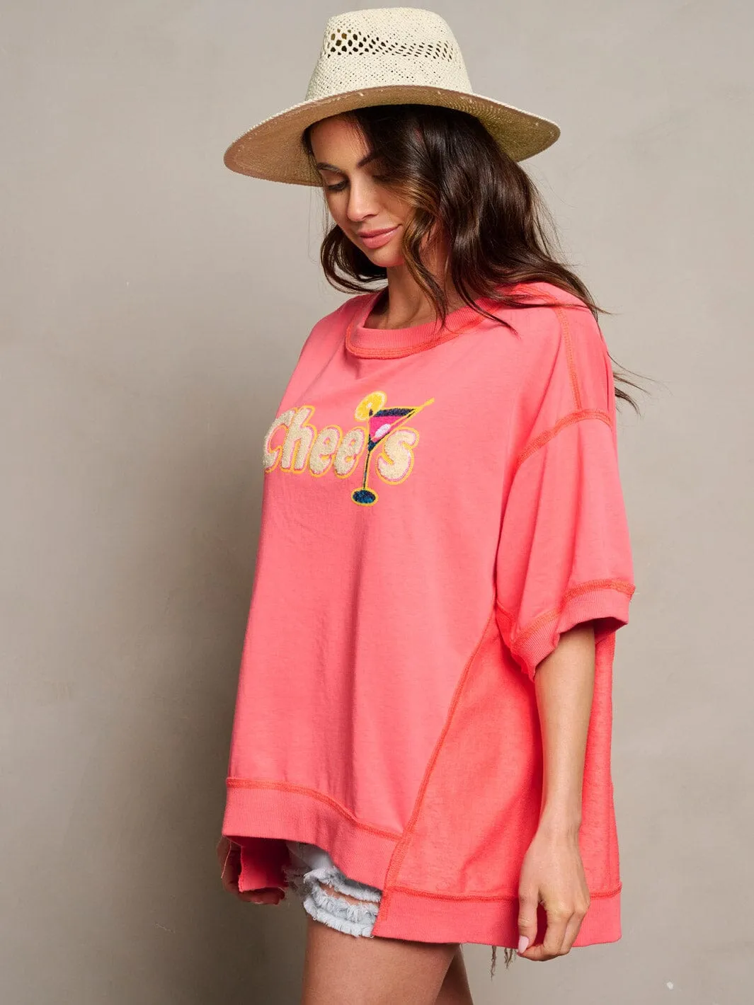 WOMEN'S SHORT SLEEVE SEQUINS GRAPHIC DETAILED TOP