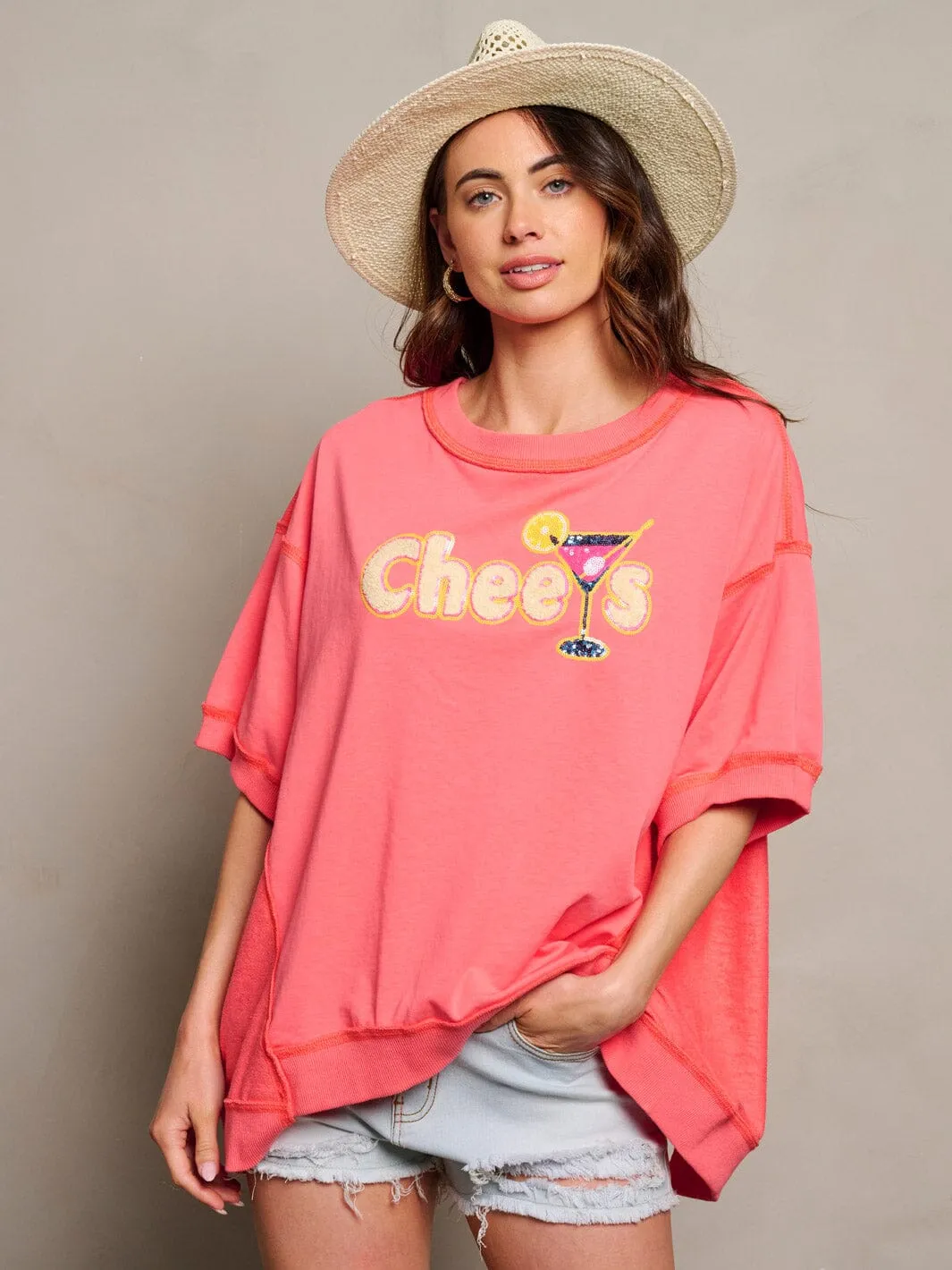 WOMEN'S SHORT SLEEVE SEQUINS GRAPHIC DETAILED TOP
