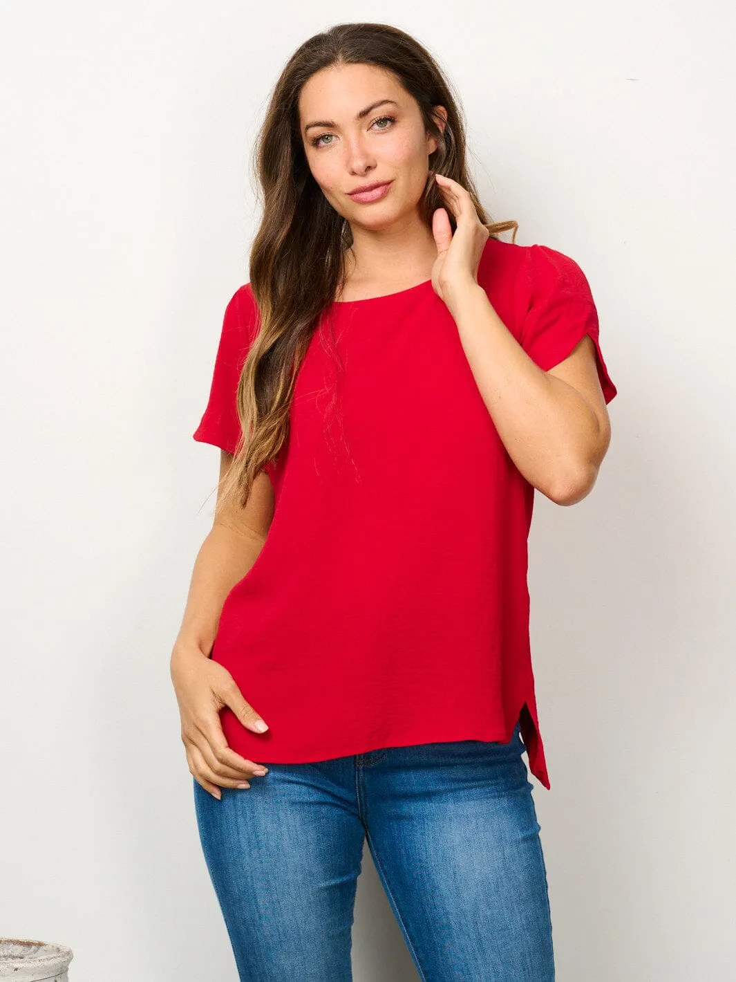 WOMEN'S SHORT SLEEVE SOLID BLOUSE TOP