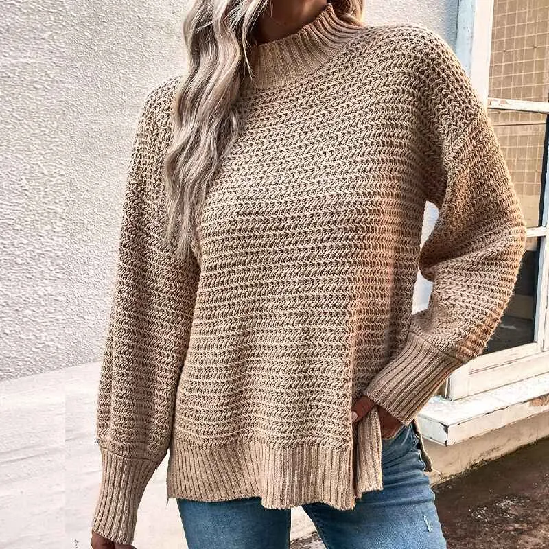 Women's Turtleneck Oversized Sweaters Fall Long Batwing Sleeve Spilt Hem Tunic Pullover Sweater Knit Tops K405