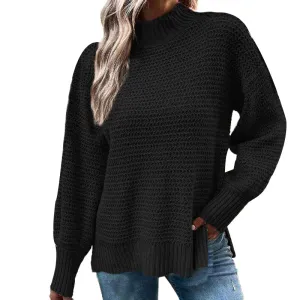 Women's Turtleneck Oversized Sweaters Fall Long Batwing Sleeve Spilt Hem Tunic Pullover Sweater Knit Tops K405