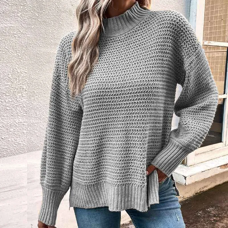 Women's Turtleneck Oversized Sweaters Fall Long Batwing Sleeve Spilt Hem Tunic Pullover Sweater Knit Tops K405