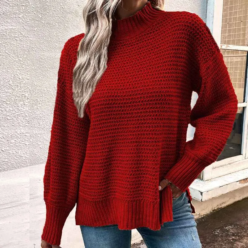 Women's Turtleneck Oversized Sweaters Fall Long Batwing Sleeve Spilt Hem Tunic Pullover Sweater Knit Tops K405