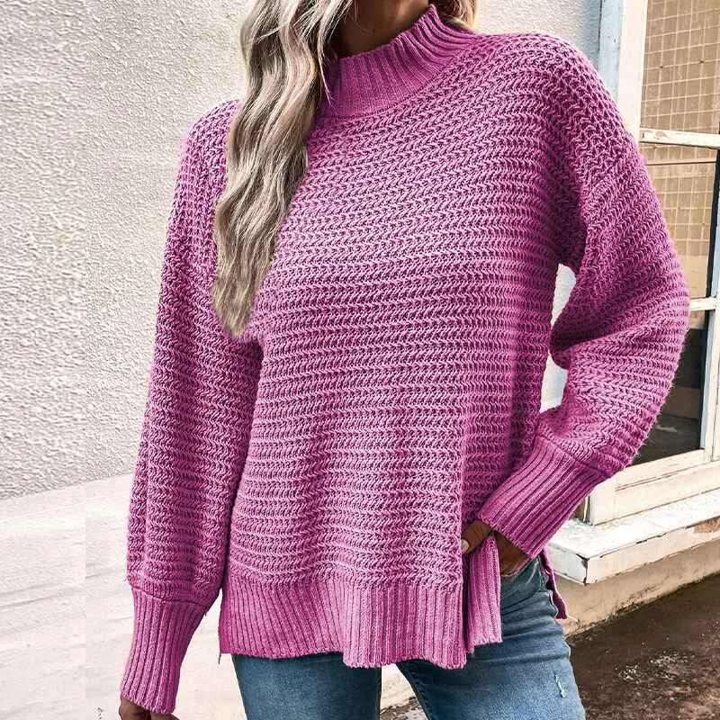 Women's Turtleneck Oversized Sweaters Fall Long Batwing Sleeve Spilt Hem Tunic Pullover Sweater Knit Tops K405