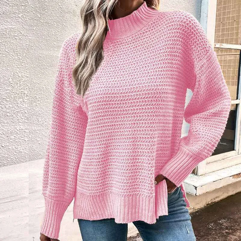 Women's Turtleneck Oversized Sweaters Fall Long Batwing Sleeve Spilt Hem Tunic Pullover Sweater Knit Tops K405