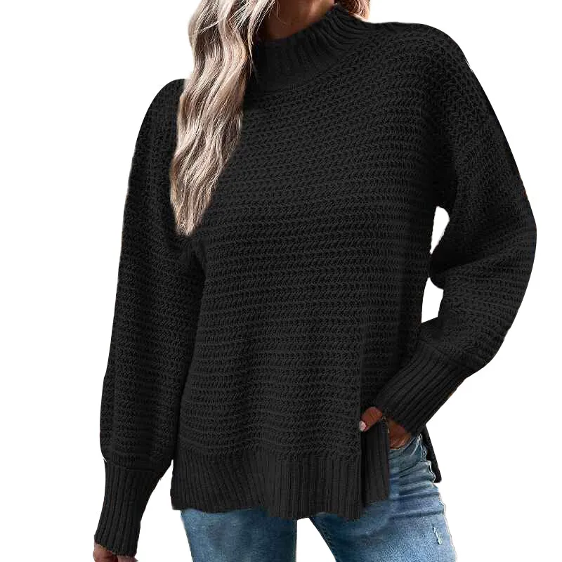Women's Turtleneck Oversized Sweaters Fall Long Batwing Sleeve Spilt Hem Tunic Pullover Sweater Knit Tops K405