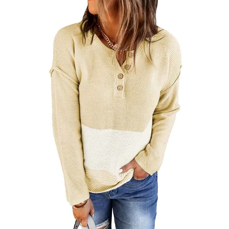 Womens V Neck Sweaters Fall Long Sleeve Waffle Knit Tops Tunic Pullover Sweater Button Casual Henley Shirts K169