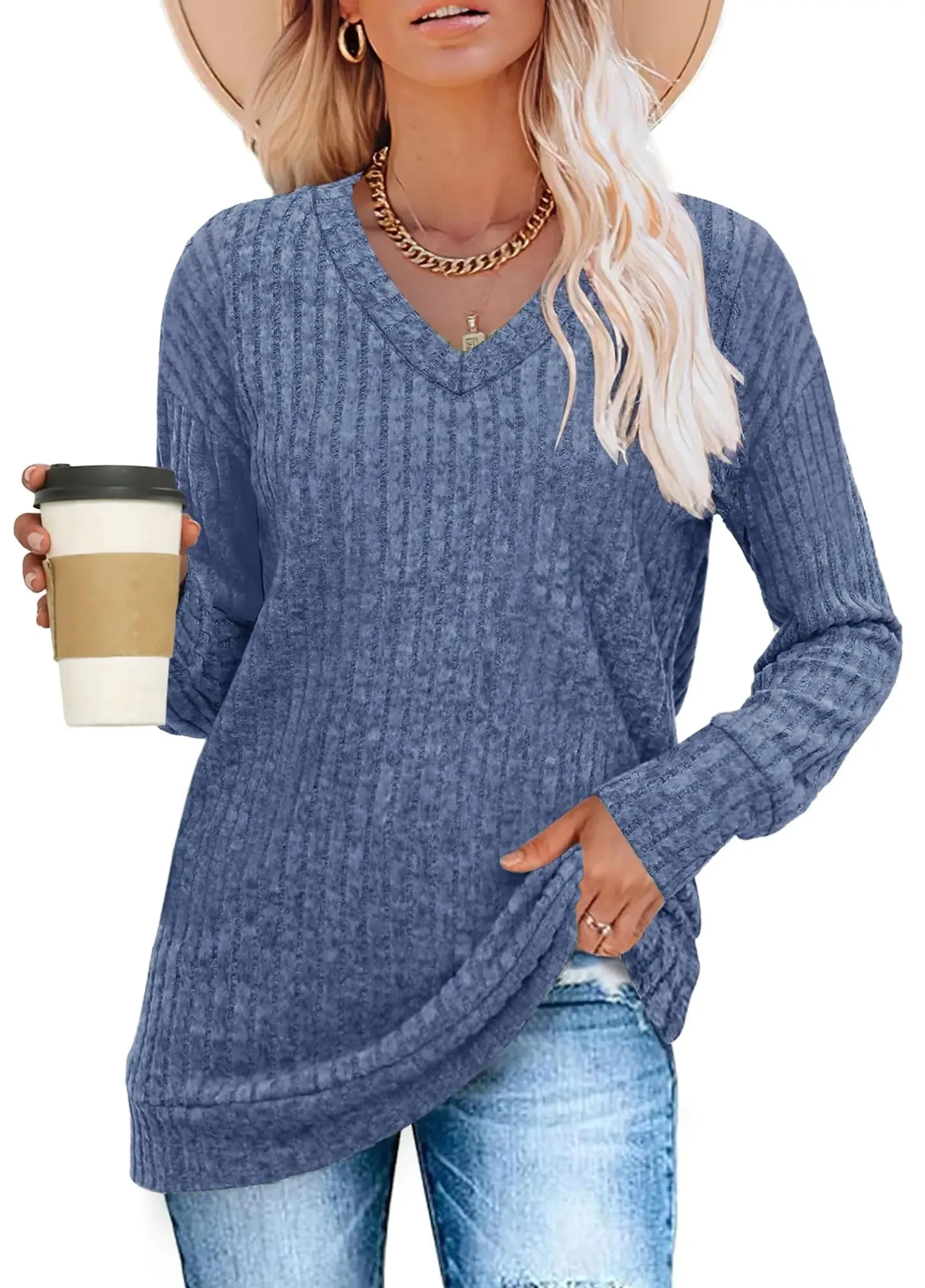 Womens V Neck Sweaters Lightweight Long Sleeve Tunic Tops Shirts Casual Sweatshirt Trendy Blue XX-Large