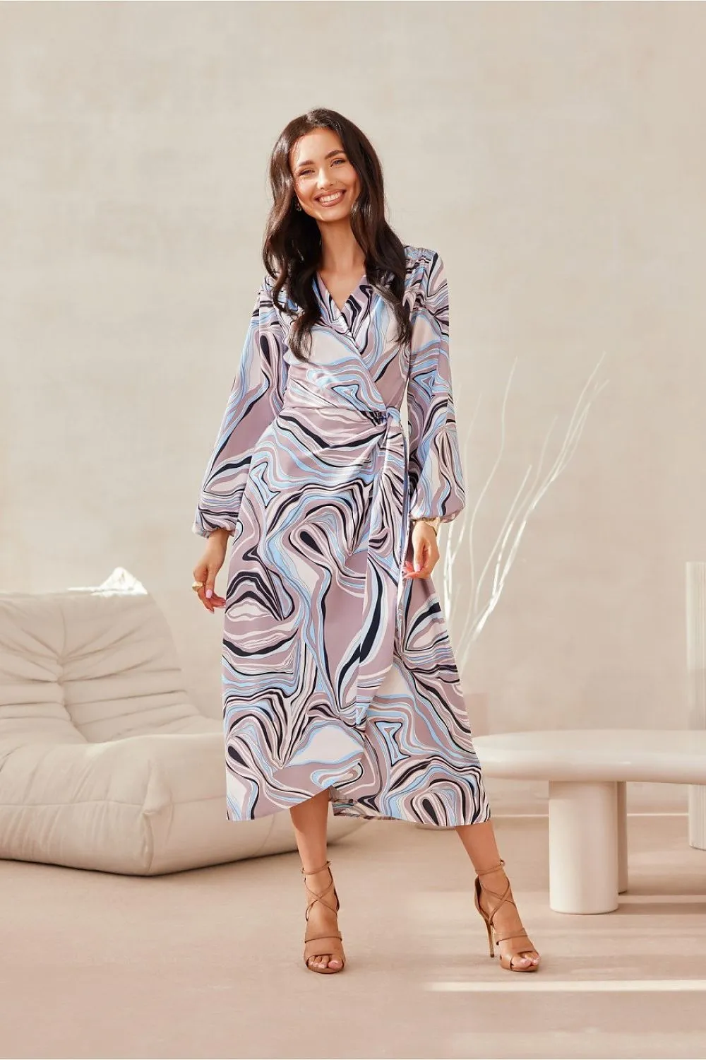Wrap Front Flared Midi Dress