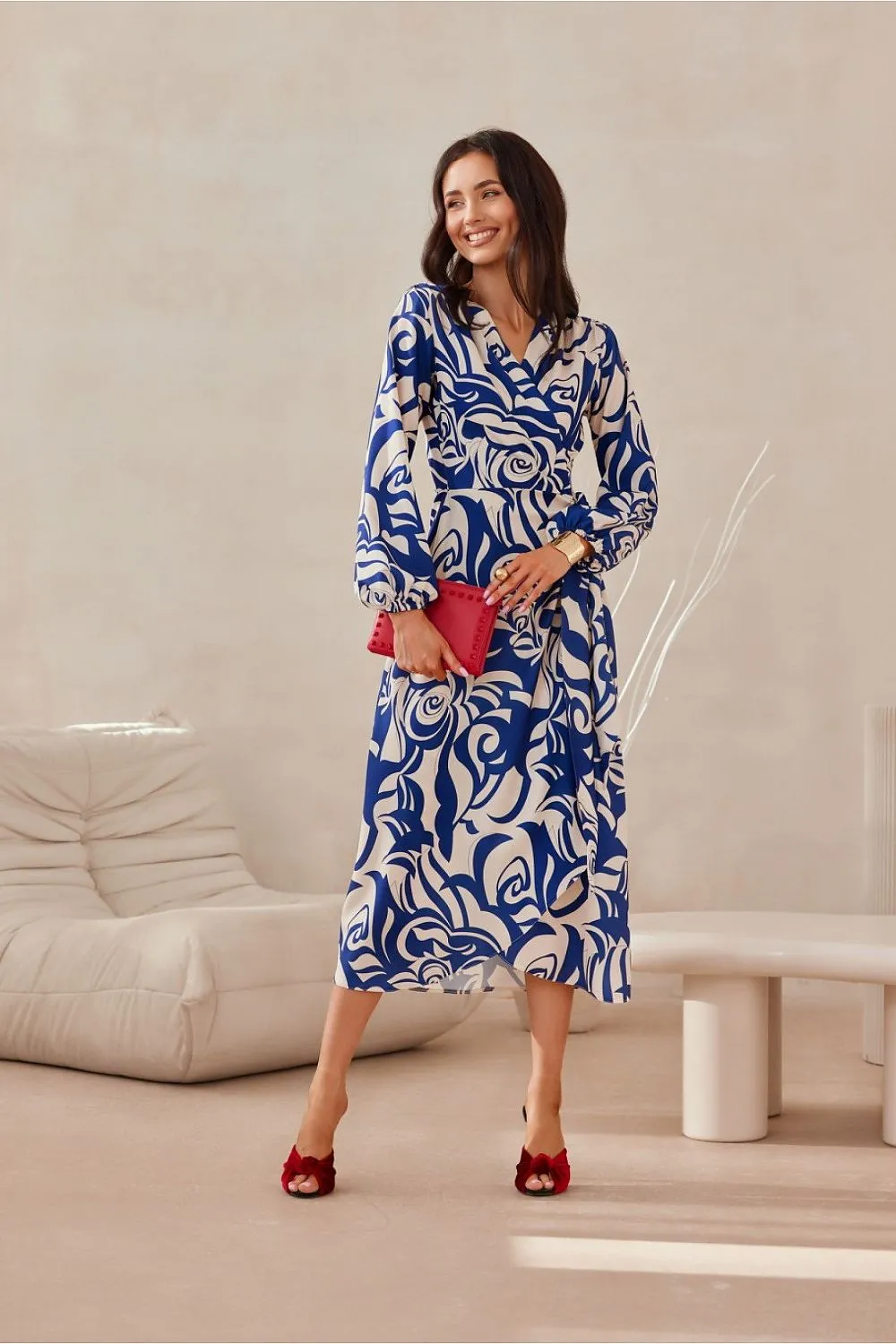 Wrap Front Flared Midi Dress