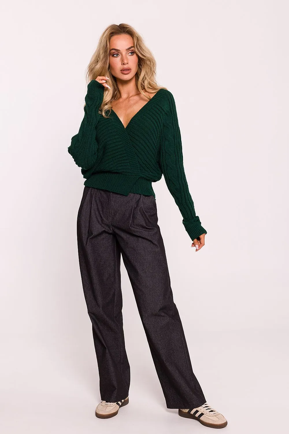 Wrap-Over Deep Neck Knit Sweater