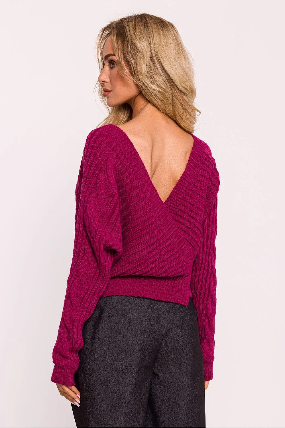 Wrap-Over Deep Neck Knit Sweater