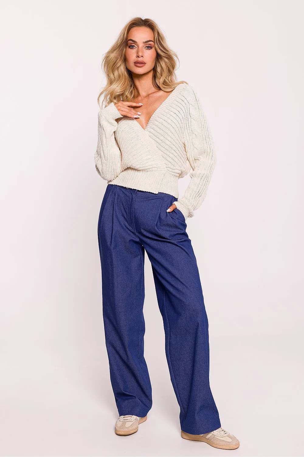 Wrap-Over Deep Neck Knit Sweater