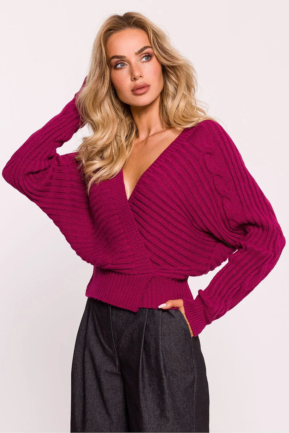 Wrap-Over Deep Neck Knit Sweater