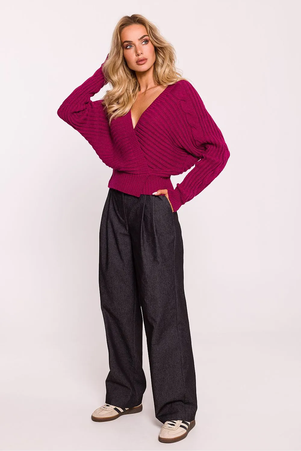 Wrap-Over Deep Neck Knit Sweater