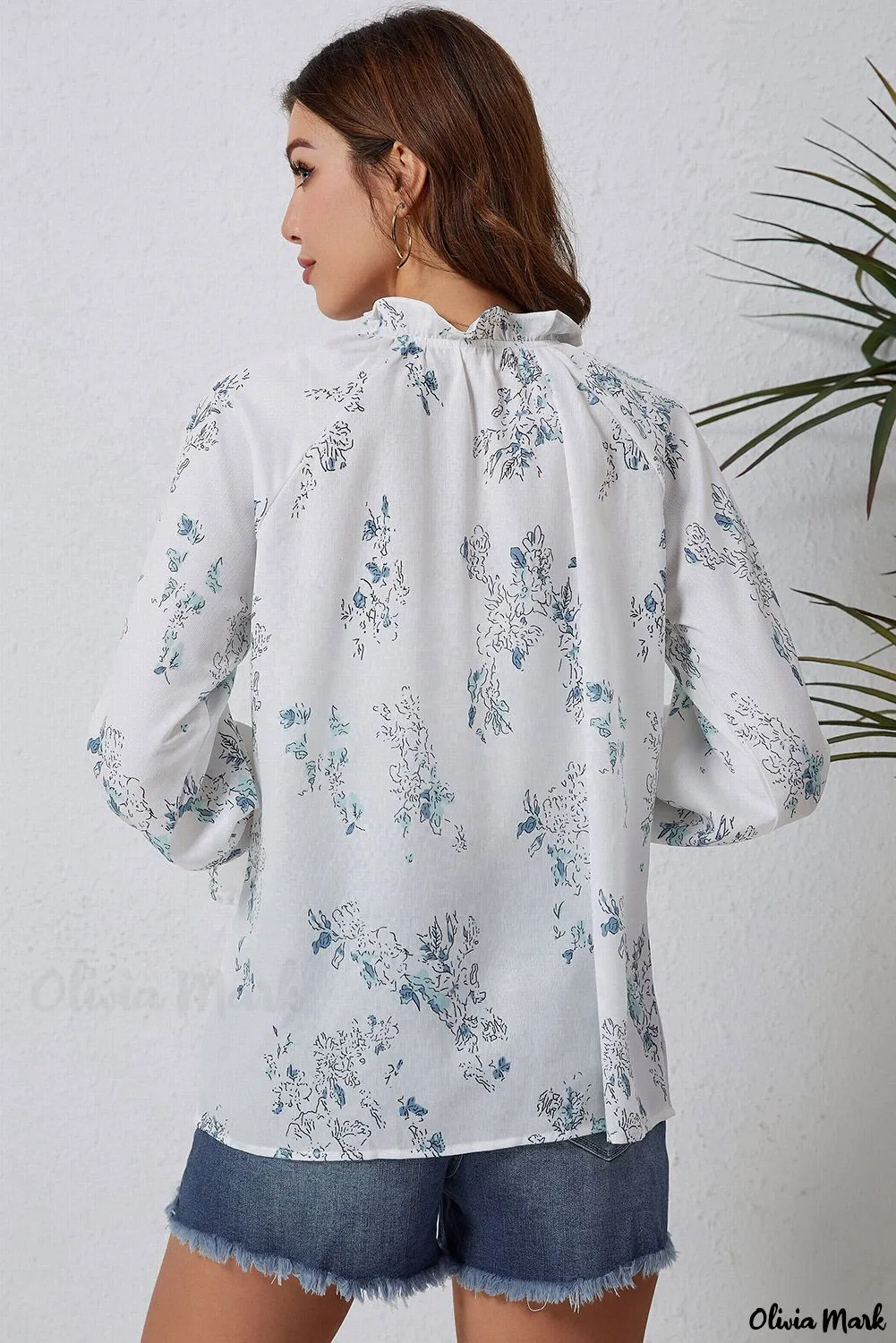 Xieyinshe - Floral Tie Neck Long Sleeve Crinkle Blouse