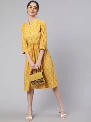 Yellow Ethnic Printed Flared Dress