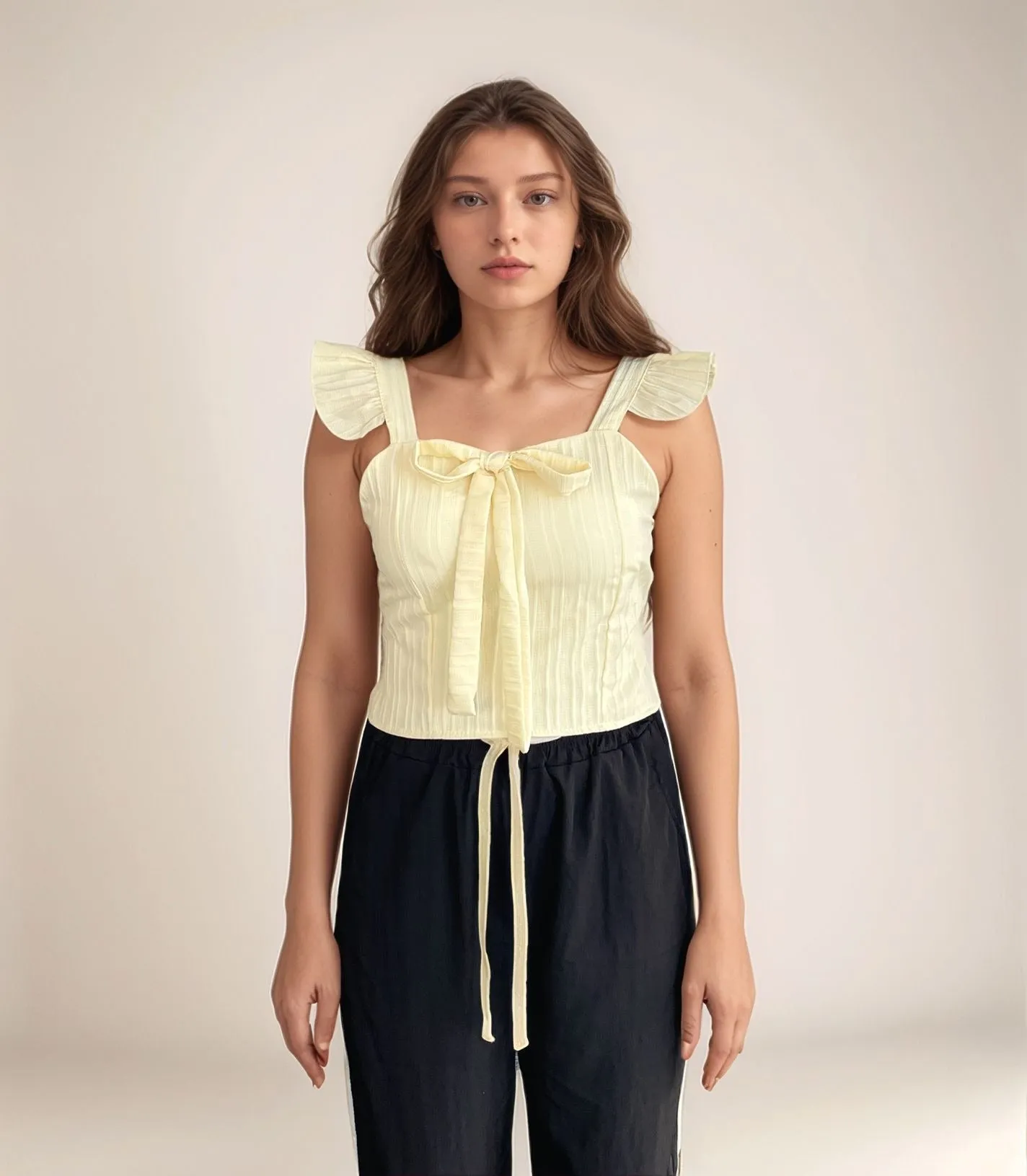 Yellow Ribboned Flutter Sleeve Top