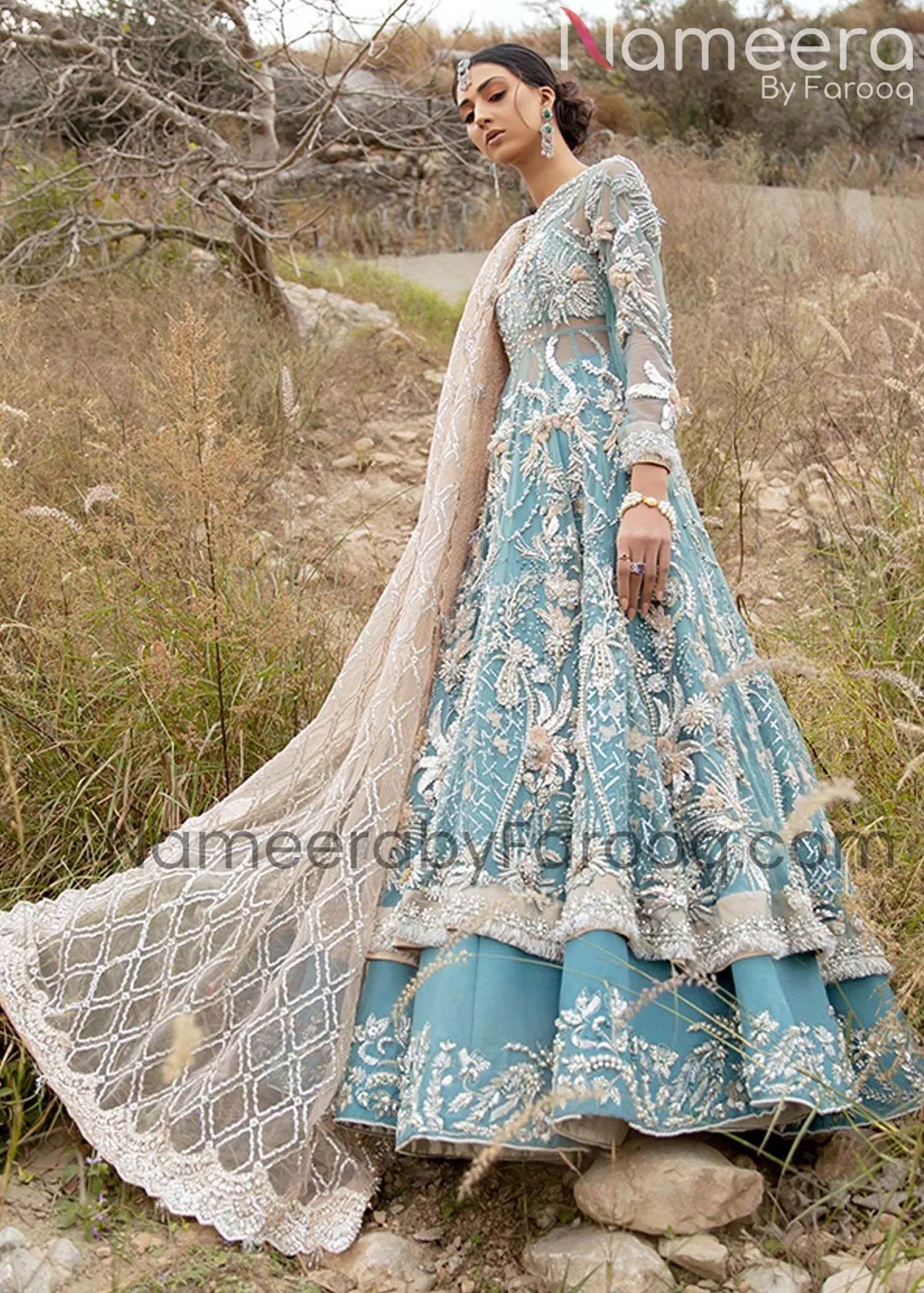 Zardozi Bridal Sky Blue Lehenga Combination Suit #BN229