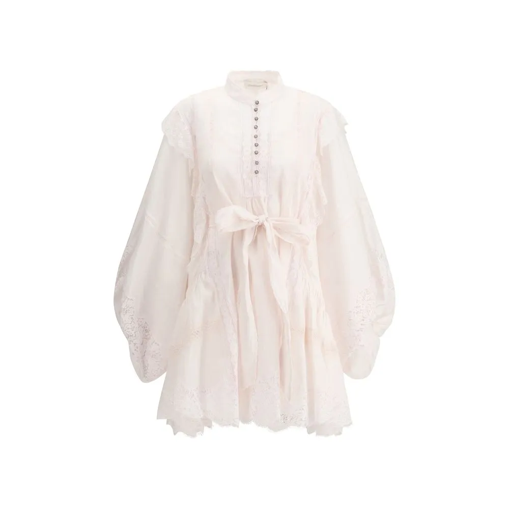 ZIMMERMANN Women Ivory Billow Dress Cotton Crush Lace Ruffle Mini Bodycon Size 2