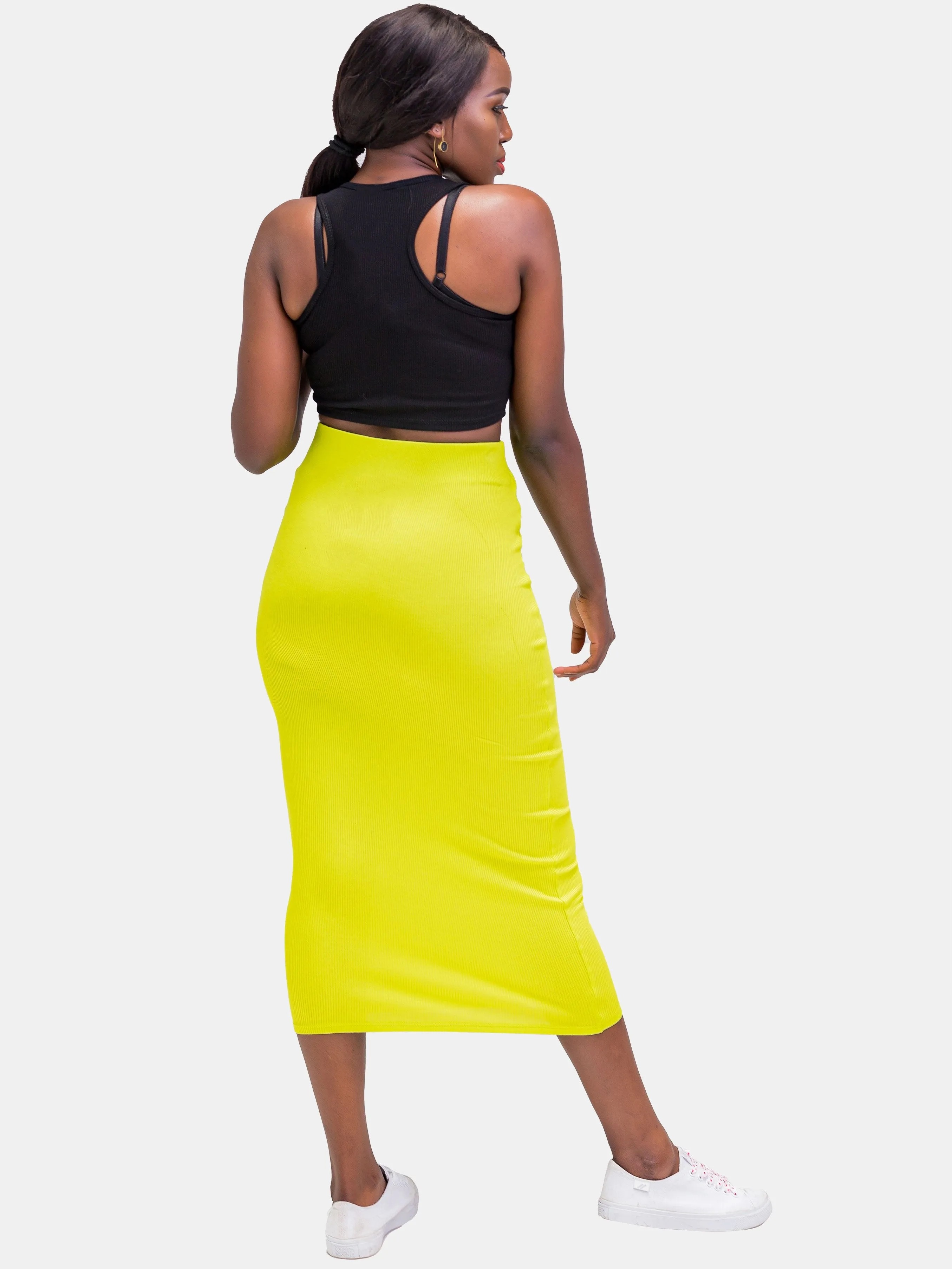 Zoya Basic Ribbed Midi Pencil Skirt - Lime Green