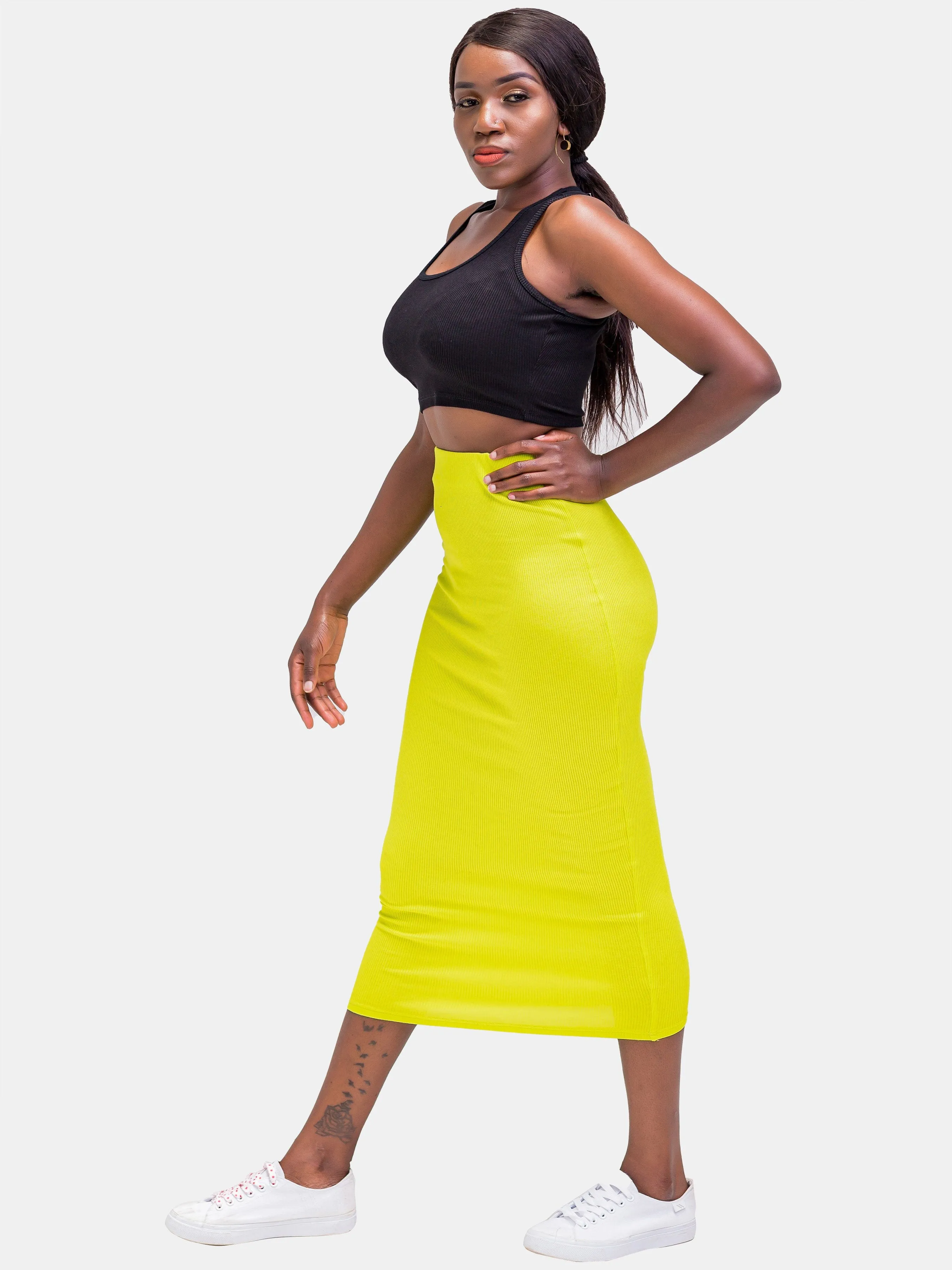 Zoya Basic Ribbed Midi Pencil Skirt - Lime Green